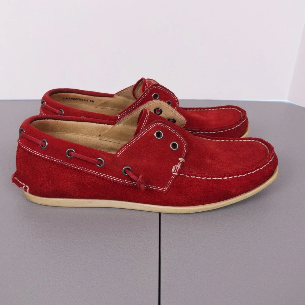 John Varvatos USA Schooner Boat Shoes Mens 9 Red Suede Moc Toe Slip On Preppy